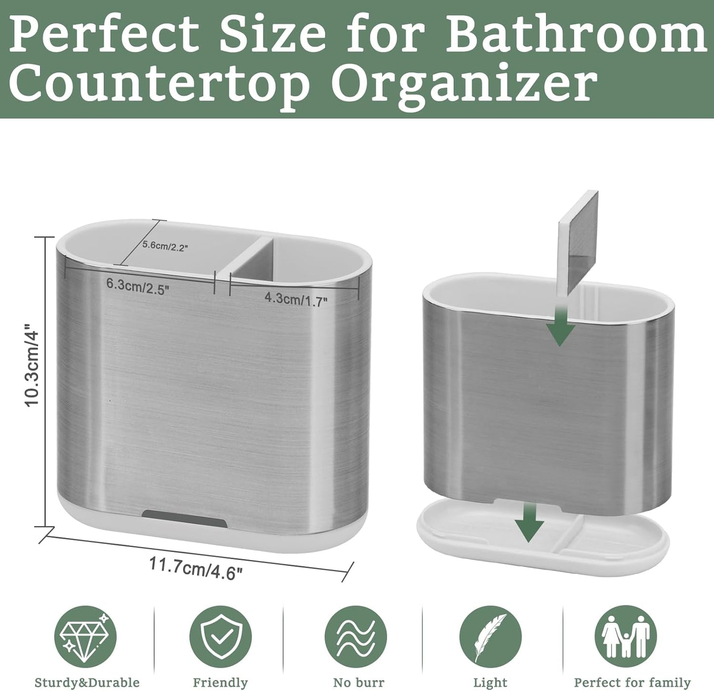 Toothbrush and Toothpaste Holder with Divider for Bathroom Countertop Organizer, 2 Slots Electric Toothbrush Holders Storage Caddy Drainage for Family, Kids (Brushed Silver)-Velvo Beauty