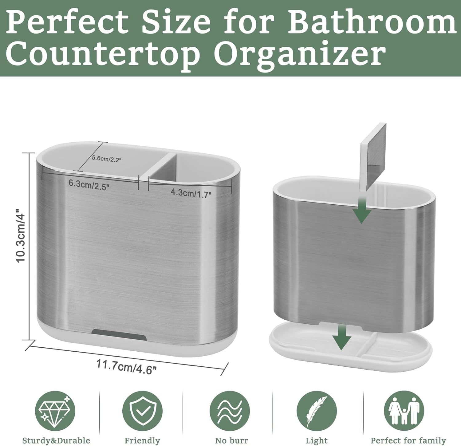 Toothbrush and Toothpaste Holder with Divider for Bathroom Countertop Organizer, 2 Slots Electric Toothbrush Holders Storage Caddy Drainage for Family, Kids (Brushed Silver)-Velvo Beauty