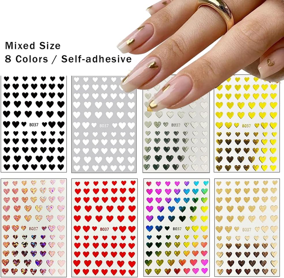8 Sheets Heart Nail Art Stickers 3D Self-Adhesive Heart Nail Decals Cute Valentines Day Nail Art Decoration for Women Girls-Velvo Beauty