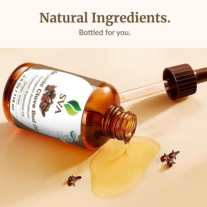 SVA Clove Essential Oil Organic – 4 Fl Oz – 100% Natural Organic Clove Oil - for Diffuser, Hair Care, Face, Skin Care, Aromatherapy, Scalp and Body Massage, Soap and Candle Making - with Dropper-Velvo Beauty