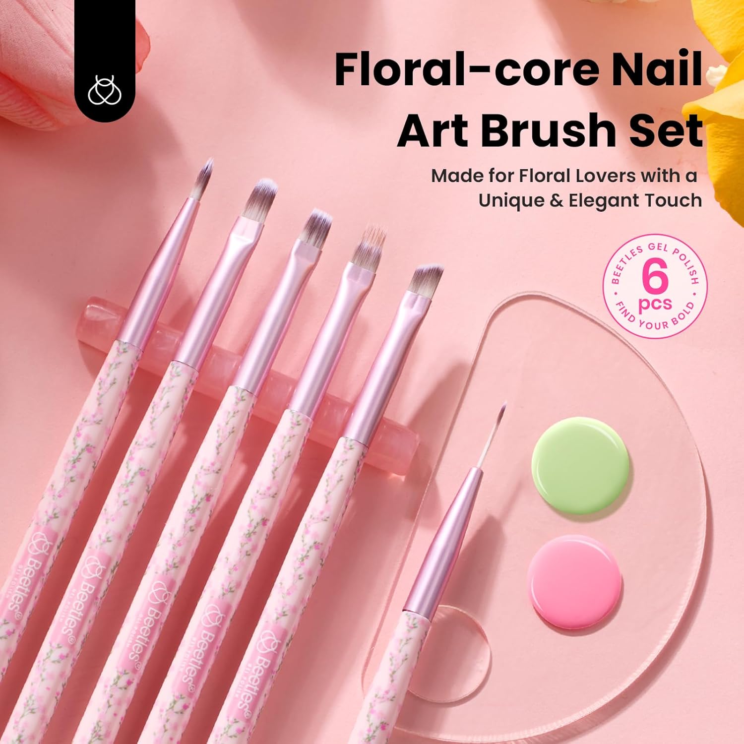 Beetles Gel Polish Nail Art Brushes Set - 6 Pcs Fingernail Art Design Pen, Floral Pattern Handle, Gradient Bristles Nail Brush Set DIY with Palette Dotting Manicure Tool Kit-Velvo Beauty