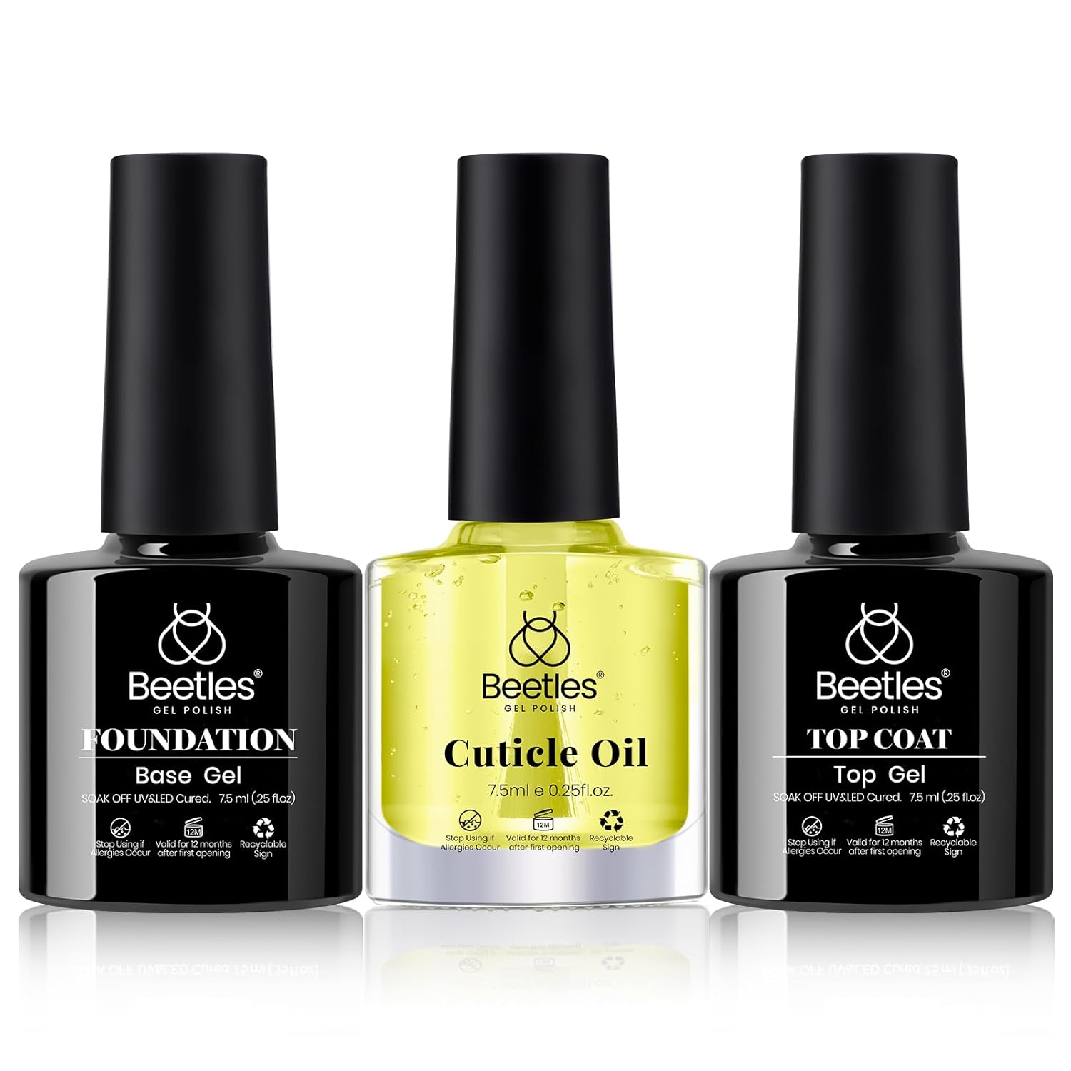 Beetles Gel Top Coat Base Coat and Cuticle Oil Set 3Pcs, No Wipe Top Gel Glossy Shine Long Lasting, Cuticle Oil Care for Dry Damaged for Stronger Nails-Velvo Beauty