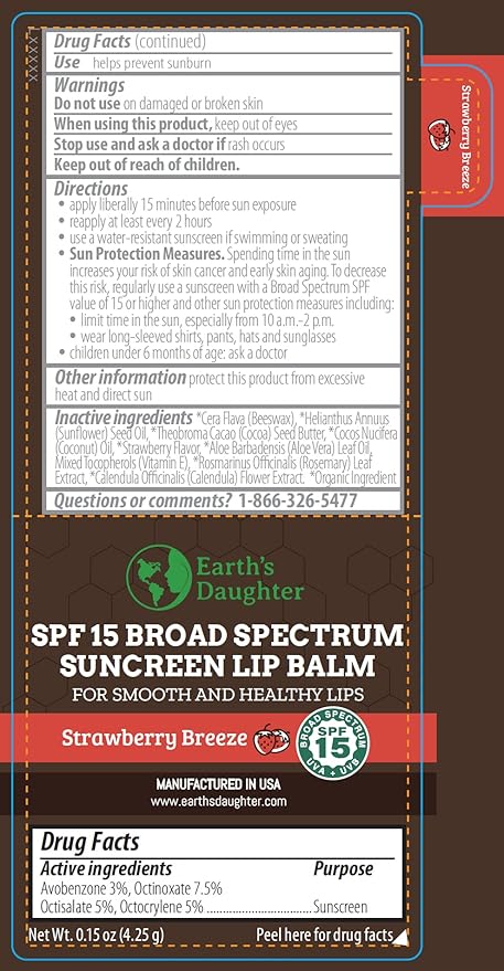 SPF Lip Balm 4-Pack by Earth's Daughter - Lip Sunscreen, SPF 15, Organic Ingredients, Strawberry Flavor, Beeswax, Coconut Oil, Vitamin E - Hypoallergenic, Paraben Free, Gluten Free-Velvo Beauty
