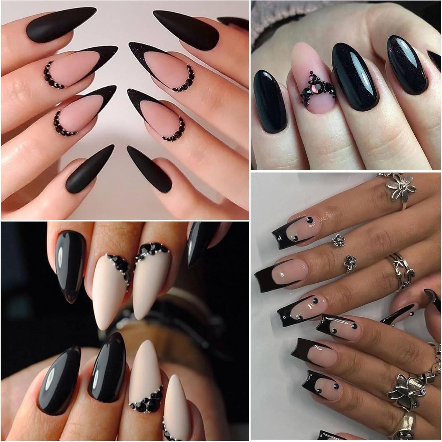 Nail Art Pearls with Rhinestones Glue Gel Flatback Pearls Nail Charms Luxurious Nails Supplies Accessories Gold Silver Gems Jewelry Pearl for Women Nails Design(Black)-Velvo Beauty