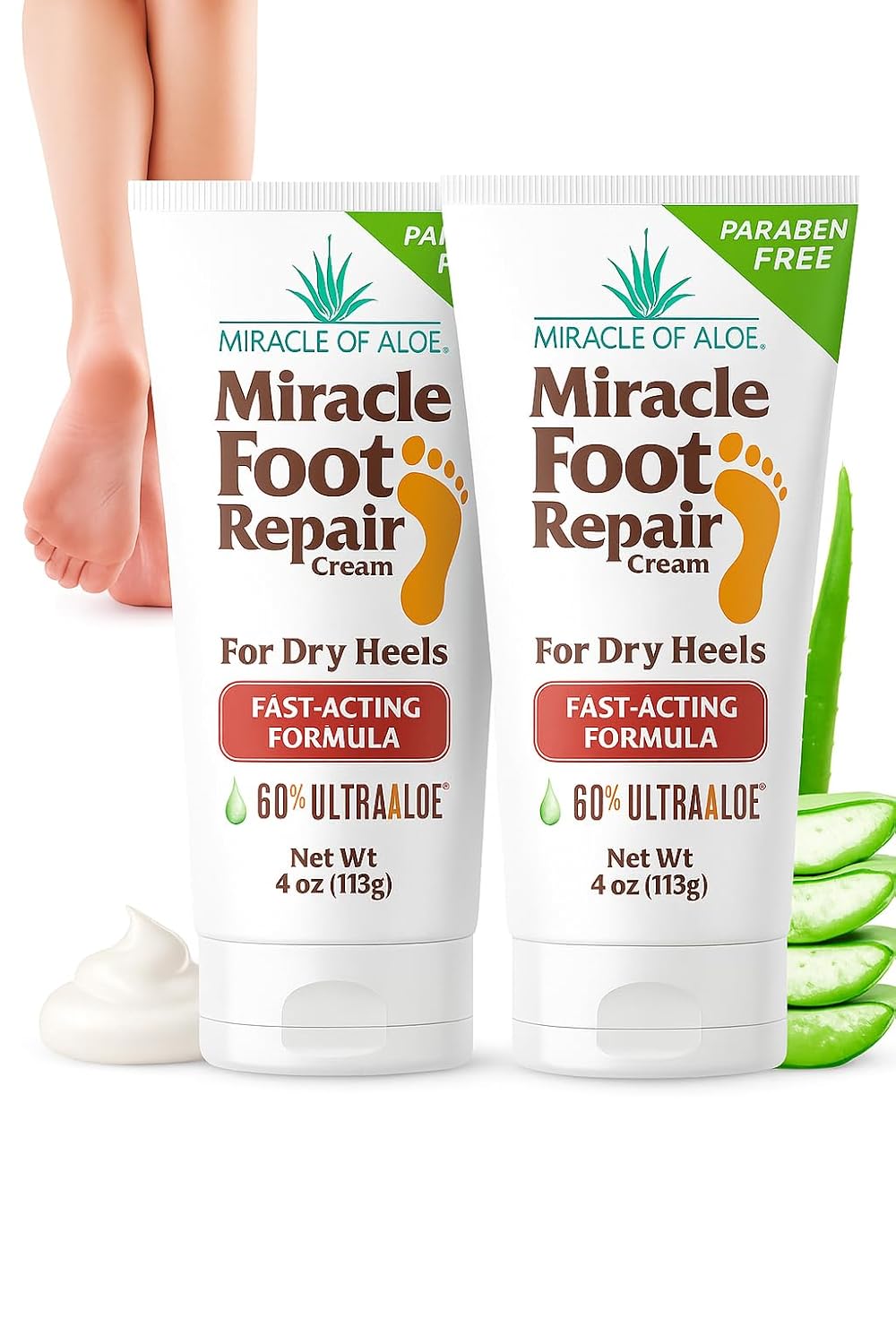 Miracle Foot Repair Cream, 4 oz Repairs Dry Cracked Heels and Feet, Diabetic-Safe, 60% Pure Ultra Aloe Moisturizes, Softens, and Repairs, Relief from Discomfort of Ingrown Toenails (2-Pack)-Velvo Beauty