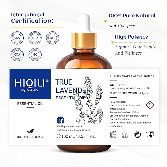 HIQILI Lavender Essential Oil - 100% Pure Undiluted, for Aromatherapy Diffuser at Room & Office, Relax Mind and Better Sleep, Therapeutic Grade | 100ML with Glass Dropper-Velvo Beauty