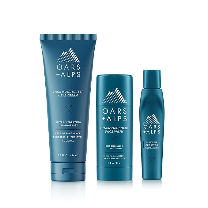 Oars + Alps Men's Skin Care Kit, Gift Set Includes Face Wash, Eye Roller, and Moisturizer, Vegan and Gluten Free, Travel Size & TSA Approved, 3 Items Total-Velvo Beauty