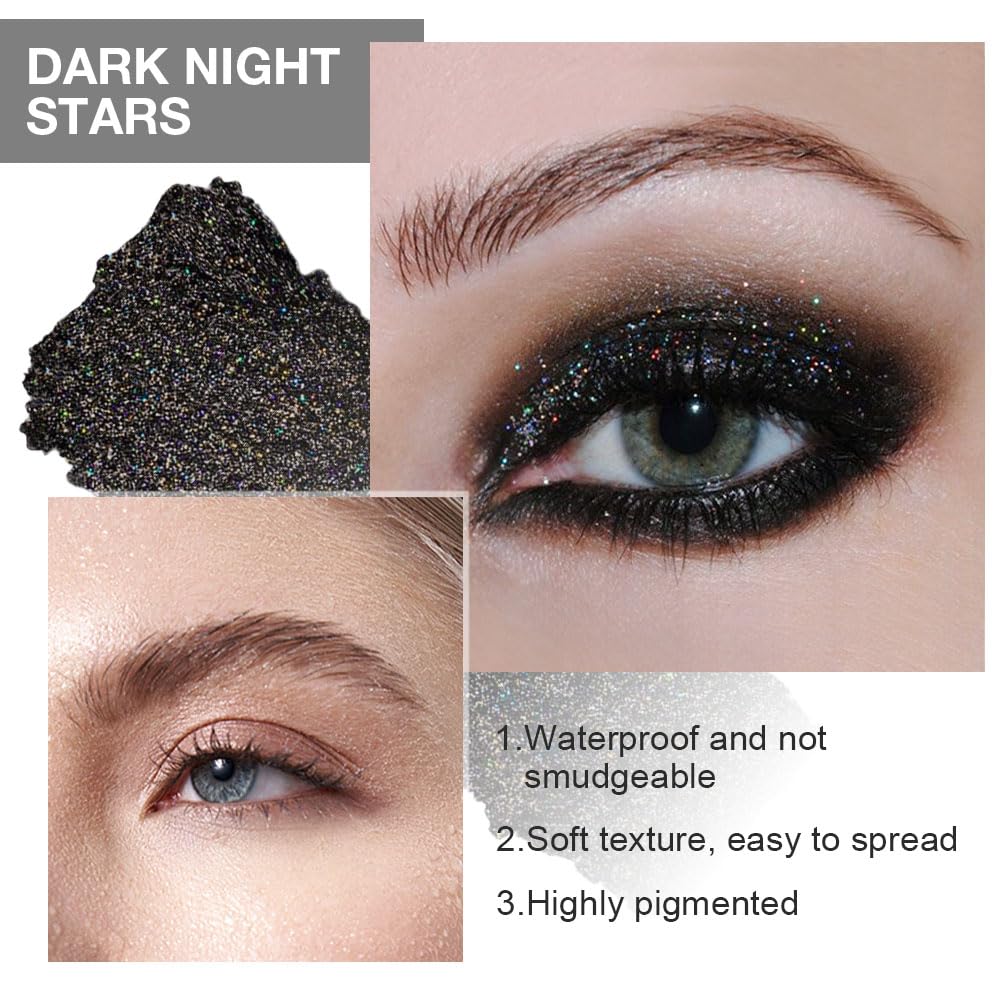 Black Glitter Eyeshadow Palette Makeup for Women, Glitter Shimmer Metallic Holographic Iridescent Single Monochrome Eyeshadow Halloween Birthday Party Wear Makeup, Sombras Crema Para Ojos-Velvo Beauty