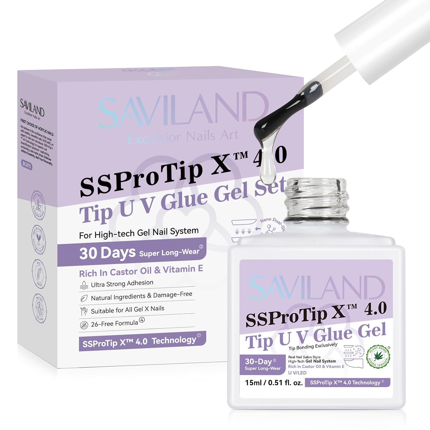 SAVILAND Gel Nail Glue: 30-Day Long Lasting Super Adhesive Glue Castor Oil VE for False Tips Strong Hold X Nail Art Tool U V Lamp Curing Needed for Use Home DIY SSProTip X 4.0-Velvo Beauty