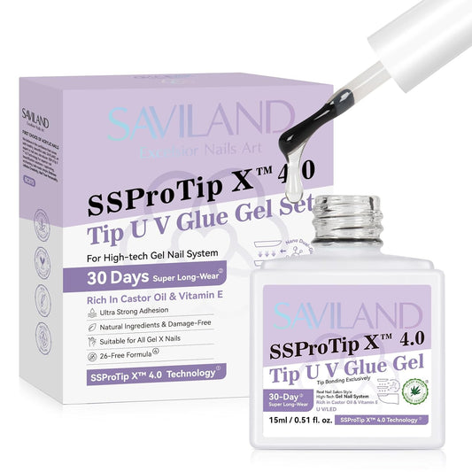 SAVILAND Gel Nail Glue: 30-Day Long Lasting Super Adhesive Glue Castor Oil VE for False Tips Strong Hold X Nail Art Tool U V Lamp Curing Needed for Use Home DIY SSProTip X 4.0-Velvo Beauty