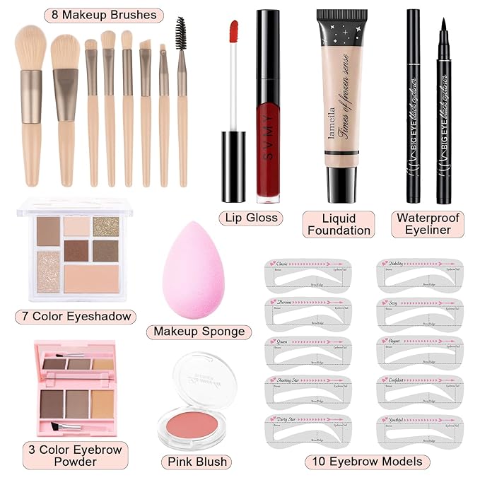 Makeup Kit for Teens Girls, Makeup Present Set for Women, Makeup Full Kit for Beginners, Mini Makeup Bundle Include 7 Latte colors Matte & Shimmer Pigmented Eyeshadow Palette, Eyebrow Powder-Velvo Beauty