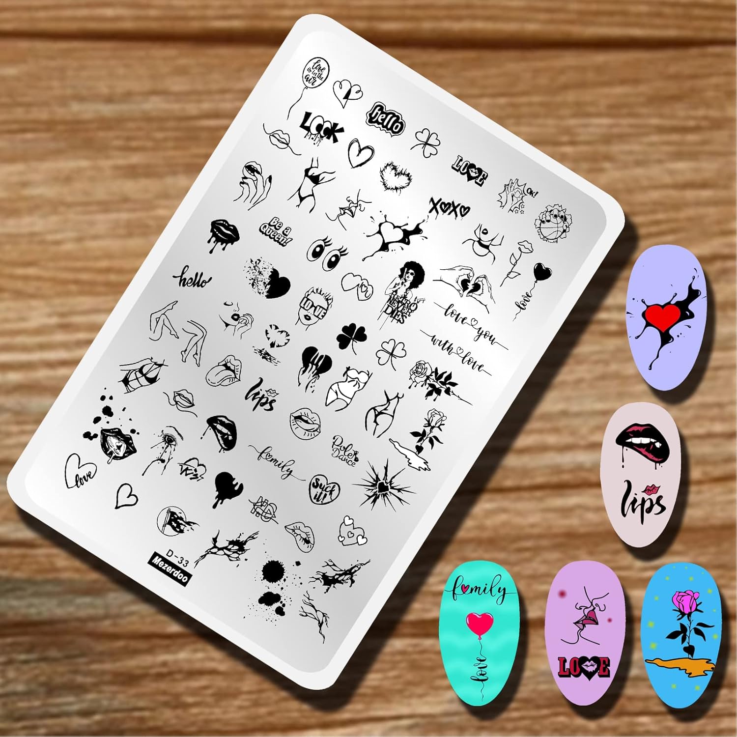 Lips Heart Nail Stamping Plate Kits 2pcs Love Flower Word Design Large Nail Stamp Plate Templates Animal Letter Line Image Stamper Stencils Dog Cat Ghost Halloween Art Stamping Plates Tools-Velvo Beauty