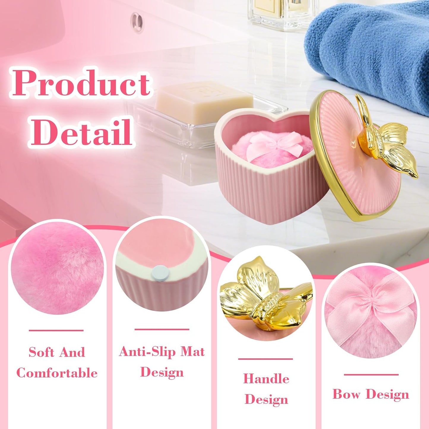 Large Body Powder Puff and Container, Ceramics Dusting Powder Container with 2 PCS Washable Heart Shaped Body Puff, Butterfly Dusting Case for Wet and Dry Makeup (Pink)-Velvo Beauty