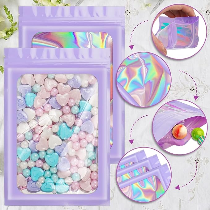 100 Pieces Smell Proof Mylar Bags, Holographic Packaging Bags, Resealable Odor Foil Pouch Zipper Bag with Clear Window for Food Storage and Lipgloss, Jewelry Lash (Purple, 3 x 4.7 Inch)-Velvo Beauty