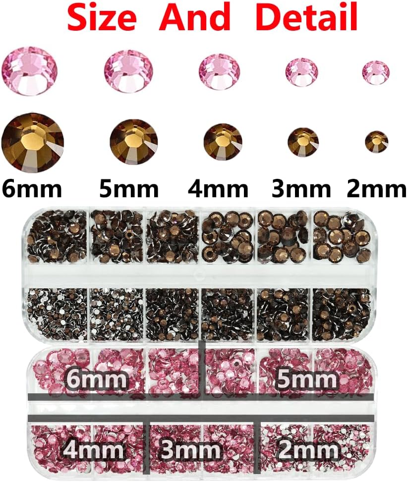 Brown And Pink Rhinestones with Glue(S8-S30) for Bedazzling,2mm-6mm Non-Hotfix Flatback Nail Gems Beads with B7000, Resin Nail GemsStones Diamond Kit for Bedazzle Crafting, Nails DIY Art Decoration-Velvo Beauty