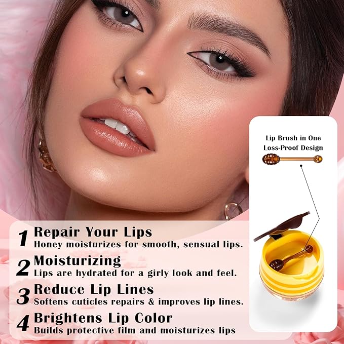 Honey Pot Lip Balm,3PCS Bee Lip Balm Honey Pot Cherry Watermelon Lip Scrub,Fade Lip Lines Prevention Dry and Cracked Lip Mask Overnight (Honey+Watermelon+Cherry)-Velvo Beauty