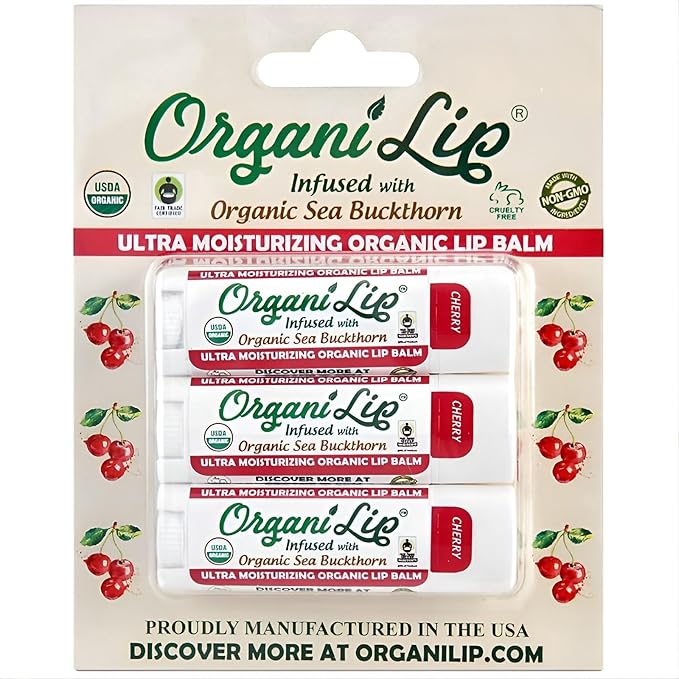 OrganiLip USDA Certified Organic Lip Balm for Nourishing Cracked or Dry Lips - All-Day Ultra Moisturizing Lip Care in Oval Shaped Tubes - 3-Pack (Cherry)-Velvo Beauty