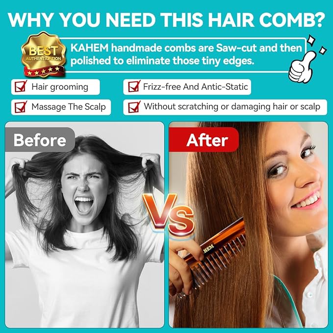 2-Piece Set Handcrafted Acetate Wide Tooth Combs - 6.29" Premium Detangler for Women, Men & Kids, Ideal for Curly, Long & Short Hair - Professional Quality for Wet/Dry Use-Velvo Beauty
