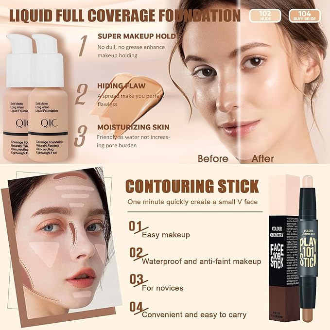 All in One Makeup Kit,Includes Naked Eyeshadow Palette,Liquid Foundation,Lipstick Set,Mascara,Makeup Brush,Makeup Sponge,Eyebrow Powder,Eyebrow Soap,Eyeliner Stamp, Primer,Contour Stick,Cosmetic Bag-Velvo Beauty