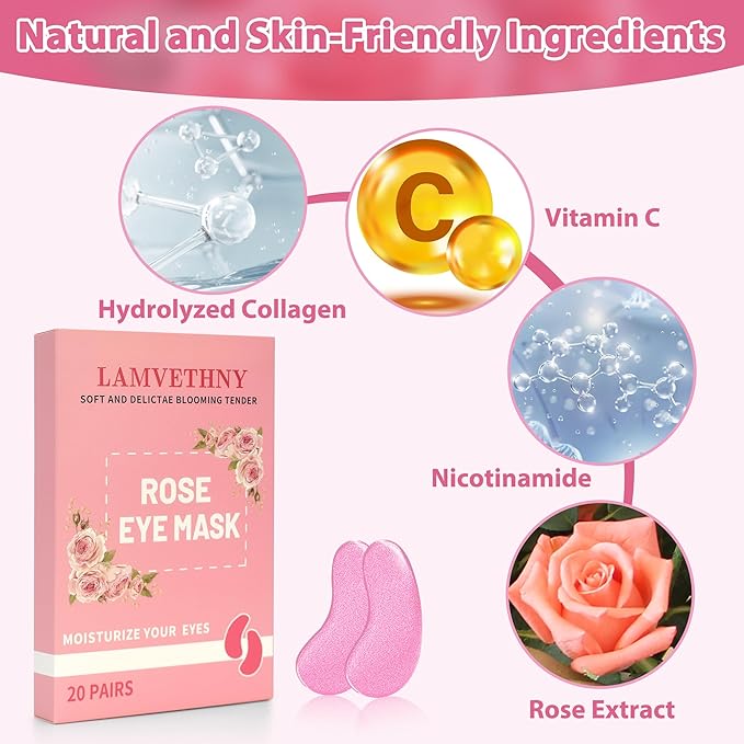 Eye Mask, Pink Rose Under Eye Patches (20 Pairs) Pink Rose Under Eye Masks Hyaluronic Acid Eye Patches for Dark Circles and Puffiness, Reduce Wrinkles and Fine Lines Under Eye Area - Pink-Velvo Beauty