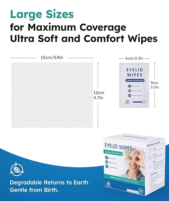 60-Count Eyelid Cleansing Wipes for Dry Eye & Blepharitis, tea tree oil Pre-Moistened Hypoallergenic EyeWipes for Sensitive Itchy Eyes, Individually Wrapped Eyelid Wipes Travel Essentials-Velvo Beauty
