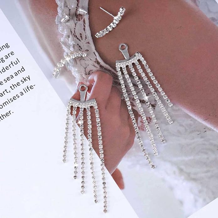 Vintage Rhinestone Chandelier Drop Earrings Crystal Ear Climber Earrings Long Tennis Chain Earrings Silver Cz Tennis Chain Tassel Earrings Jewelry for Women-Velvo Beauty