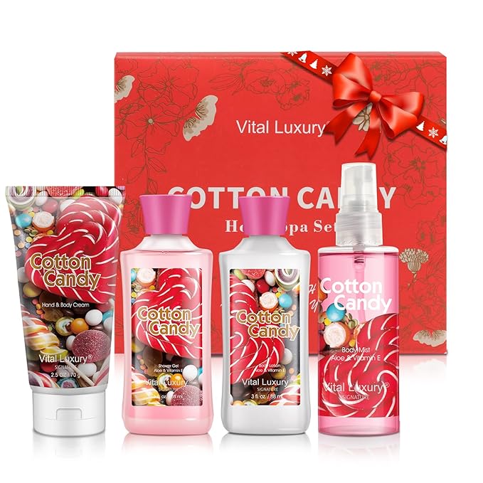 Cotton Candy Bath & Body Kit, 3 Fl Oz, Ideal Skincare Gift Home Spa Set, Includes Body Lotion, Shower Gel, Body Cream, and Fragrance Mist, Birthday Mother's Day Gifts-Velvo Beauty