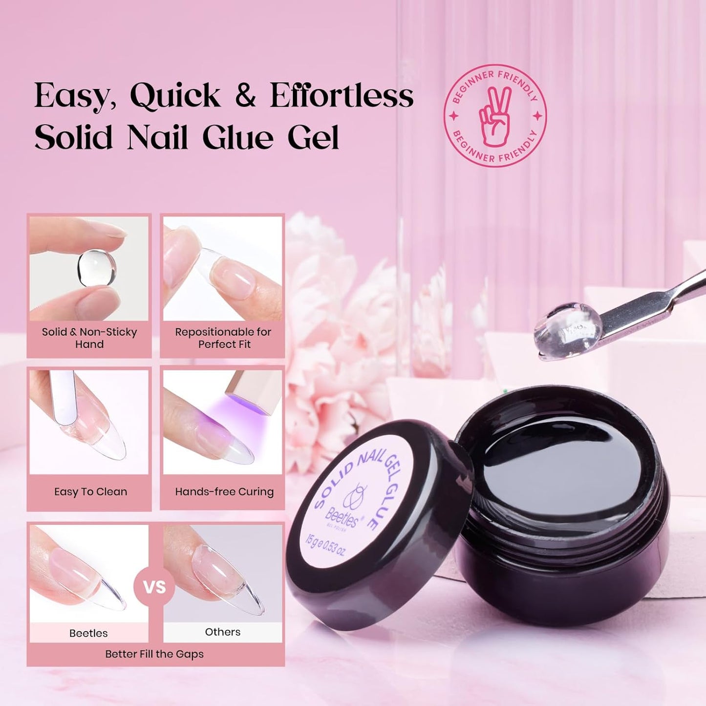 Beetles Gel Nail Kit, 300Pcs Almond Medium Nail Tips with Solid Nail Gel Glue,15 Sizes Soft Clear Nail Tips with Base Coat, Handheld Nail Lamp, Easy Nail Extension Set DIY Manicure Art Gift for Girls-Velvo Beauty