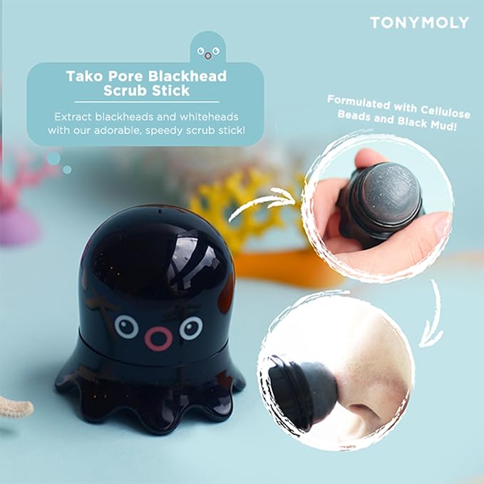 TONYMOLY Tako Pore Blackhead Remover Scrub Stick Charcoal & Dead Sea Salt Exfoliator for Blackheads, Whiteheads, Pore Cleansing & Oil Control, 0.8 oz-Velvo Beauty