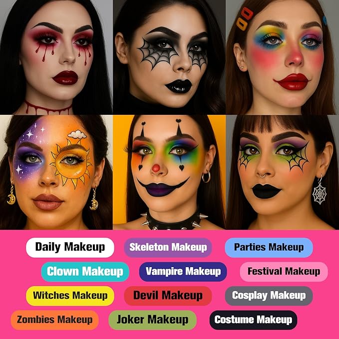 UCANBE Halloween Makeup Palette, 15 Colors Matte Black White Red Blue Green Purple Pink Eye Shadow, High Pigmented Blendable Bright & Dark Shade Pallet for Cosplay SFX Costume Stage Parties-Velvo Beauty