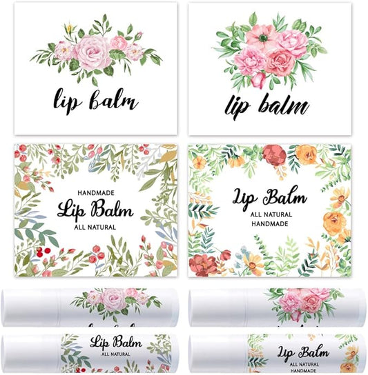 OLYCRAFT 100Pcs 4 Styles Flower Lip Balm Labels Stickers 2.1x1.7 inch Self-Adhesive Favor Lip Balms Flower Stickers with Handmade Words for Lipstick Wrapping Decorations Birthday Party Supplies-Velvo Beauty