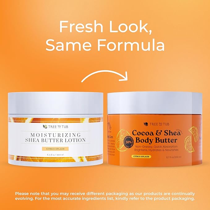 Tree to Tub Shea Body Butter for Dry, Extremely Dry, Sensitive Skin - Moisturizing Body Cream for Women & Men, Hydrating Body Lotion Moisturizer w/Vitamin C, Organic Cocoa, Citrus Scent-Velvo Beauty