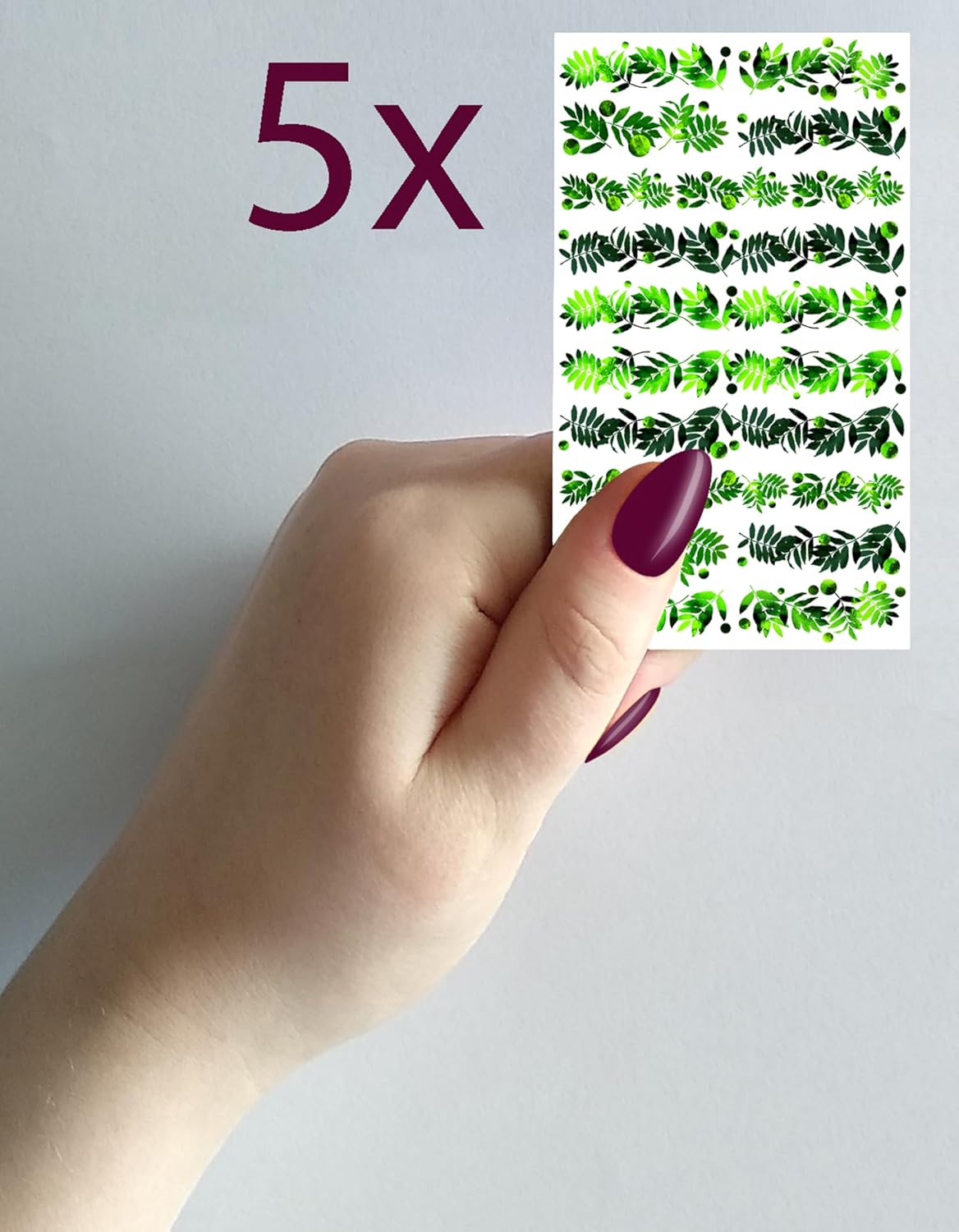 Nail Stickers Decals (5 Sheets) FLONZNAIL Bright Green Leafy Fronds Nail Decor Transfer Vintage Styled Stickers-Velvo Beauty