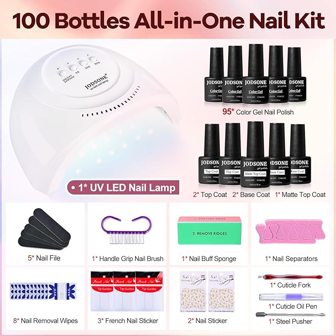 JODSONE 100 Bottles of Gel Nail Polish Kit with U V Led Light 95 Multiple Glossy Glitter Colors Mint Green Light Pink Nail Gel Base Coat Glossy and Matte Top Coat Gel Polish Kit-Velvo Beauty