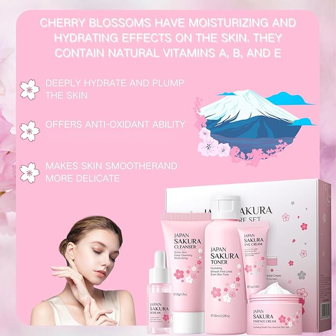 Sakura Skin Care Set, Women Gift Sets, Skin Care Kit with Cleanser, Toner, Serum, Eye Cream, Face Cream, Skin Care Routine Kit for Women, Even Skin Tone, Tighten & Firm Skin-Velvo Beauty