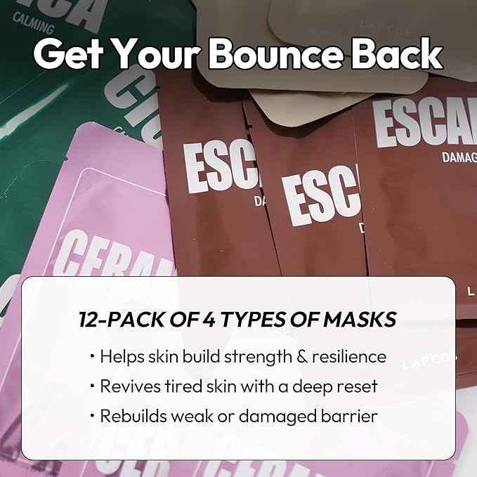 LAPCOS Skin Barrier Repair Sheet Mask Variety Pack – Escargot, Cica, Ceramide, Honey 4 Types of Face Mask Set – Daily Korean Skin Care w/Snail Mucin, Centella Asiatica & Niacinamide (12 ea)-Velvo Beauty