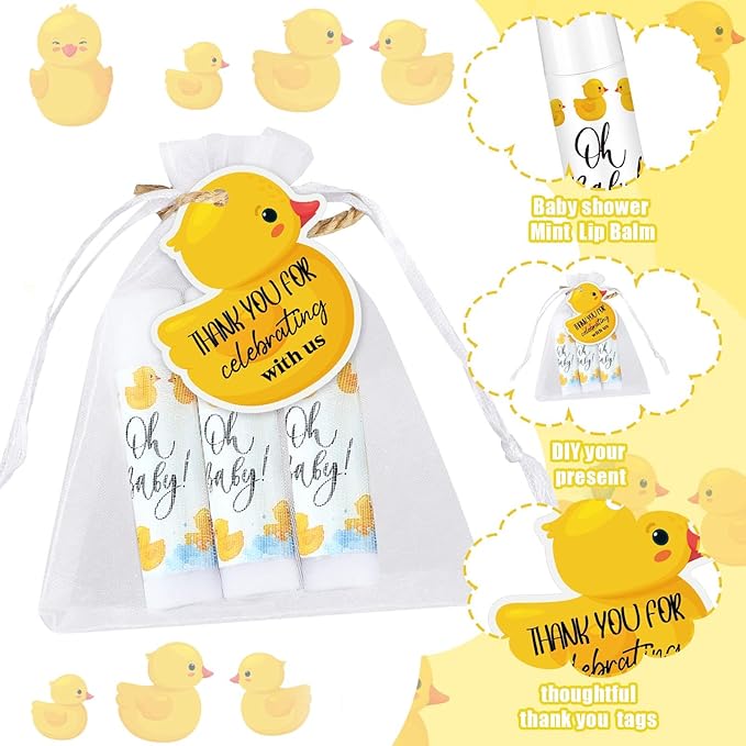 Demissle 50 Pcs Baby Shower Lip Balm Gift Set with 100 Pcs Organza Bags Baby Shower Party Favor for Guest Thank You Tag Rope Baby Shower Party Decoration Gender Reveal Souvenirs (Duck)-Velvo Beauty