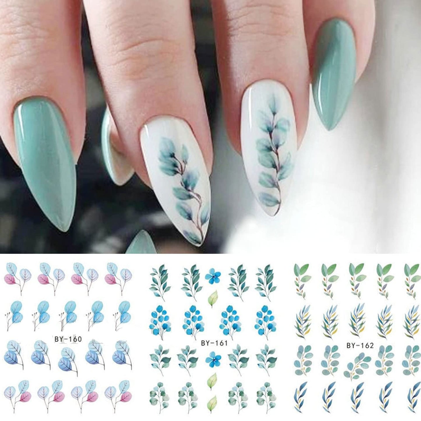 Summer Nail Art Sticker Water Transfer Decal Green Blue Floral Flower Design for Acrylic Nails - Manicure Supplies 12 Sheets (Green)-Velvo Beauty