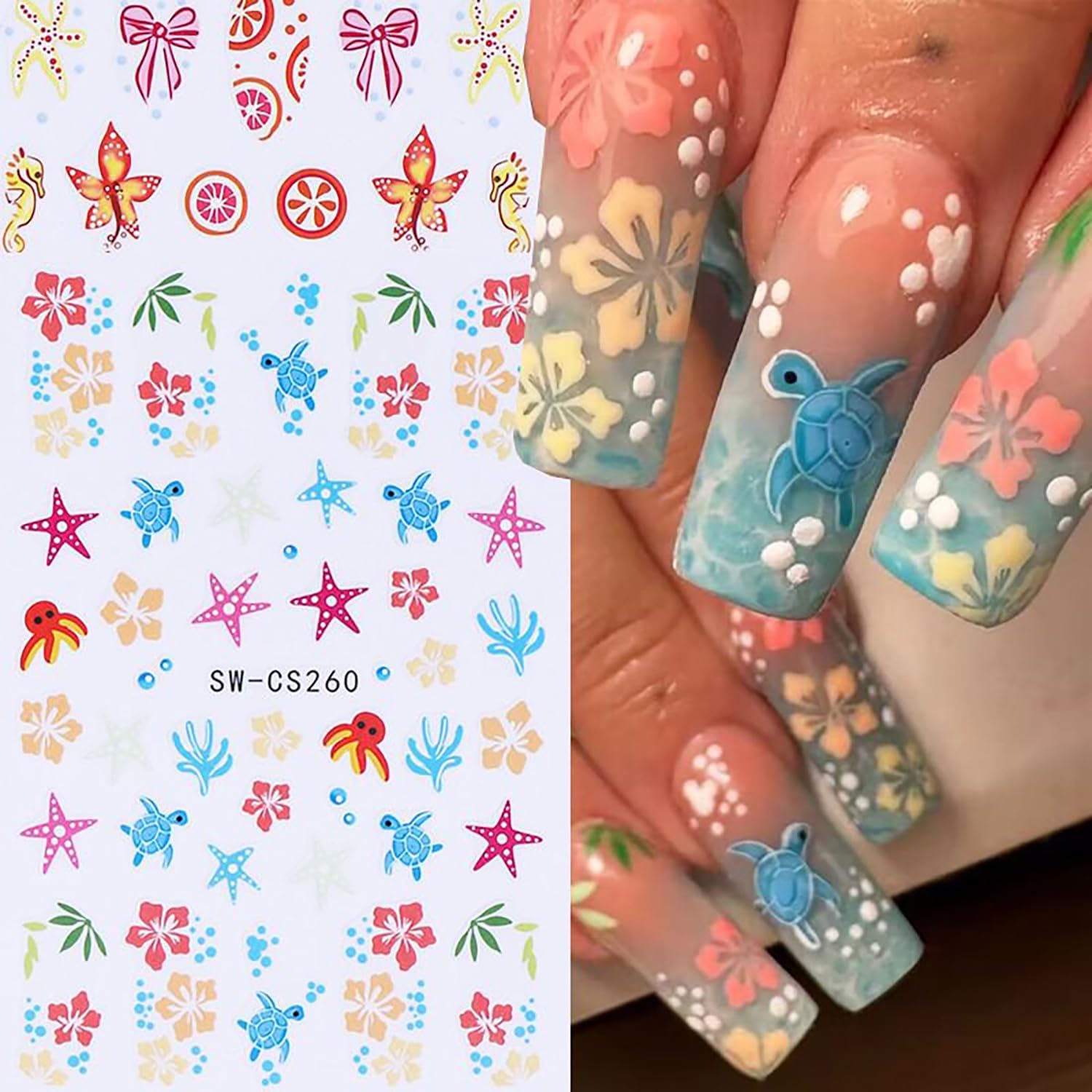 6 Sheets Ocean Style Nail Art Stickers 3D Self -Adhesive Starfish Sea Turtles Nail Decals Holographic Flower Bow Nail Stickers Summer Floral Seahorse Nail Decoration for Women Manicure Supplies-Velvo Beauty