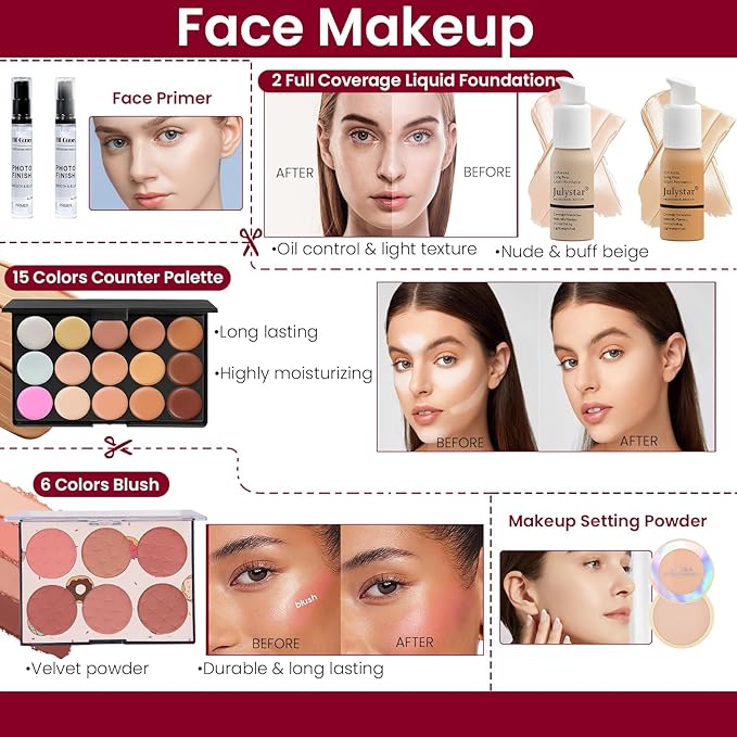 Makeup Kit for Women, Travel Makeup Kit, Makeup Full Kit for Beginners Teens Girls, Makeup Bundle Include 3 Matte & Shimmer Eyeshadow Palettes, Blush Palette, Lip Gloss Set, Concealer-Velvo Beauty