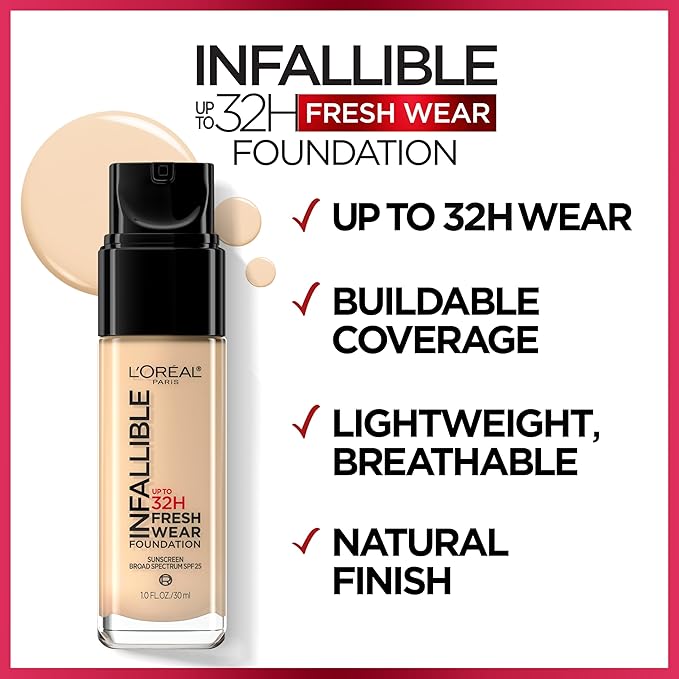 L'Oreal Paris Makeup Infallible Up to 32 Hour Fresh Wear Lightweight Foundation, 411 Beige Ivory, 1 Fl Oz, Packaging May Vary-Velvo Beauty