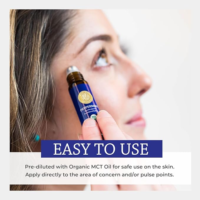 Silk Road Organic Peppermint Essential Oil Roll On, Mentha Piperita, 100% Pure USDA Certified Aromatherapy - Headache, Morning Sickness, Nausea, Energy & Hair - 10 ml Roller-Velvo Beauty