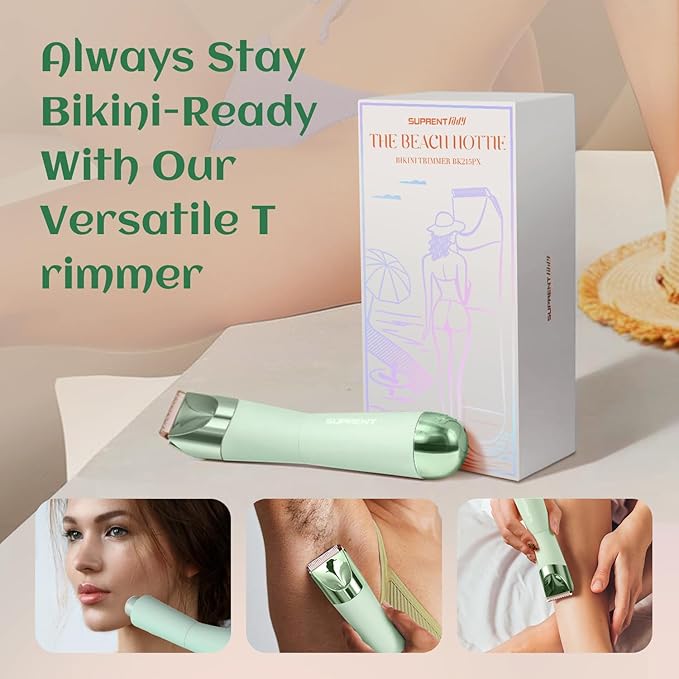 SUPRENT Bikini Trimmer Women - Painless Ladies Hair Removal - Waterproof Wet & Dry - 2 in 1 Lady Shaver for Pubic & Facial Hair - Cordless Electric Razor with USB-C Rechargeable - Green-Velvo Beauty