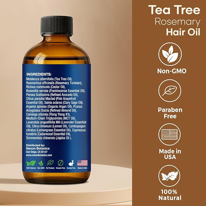 Tea Tree Rosemary Oil for Hair Growth 2 fl oz - Scalp Treatment with Castor, Frankincense & Avocado Oils - For Dry, Damaged Hair - Nexon Botanics-Velvo Beauty