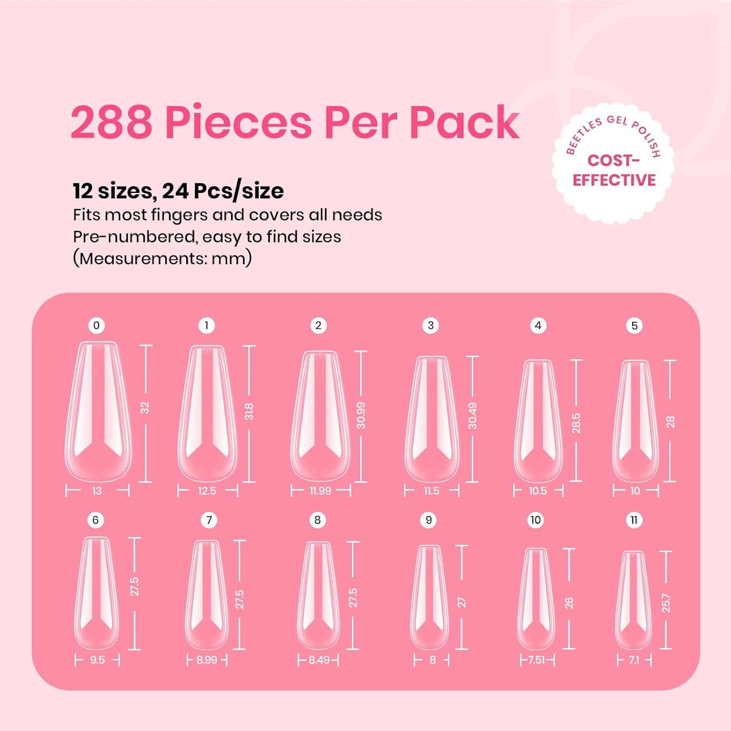 Beetles Gel Nail Tips Long Coffin Pre-Etched Nail Tips, 12 Sizes 288Pcs Pre Shaped Soft Gel Clear Nail Full Cover False Nail Tips Acrylic Glue on Nails Extension Fake Nails Manicure Gifts for Women-Velvo Beauty
