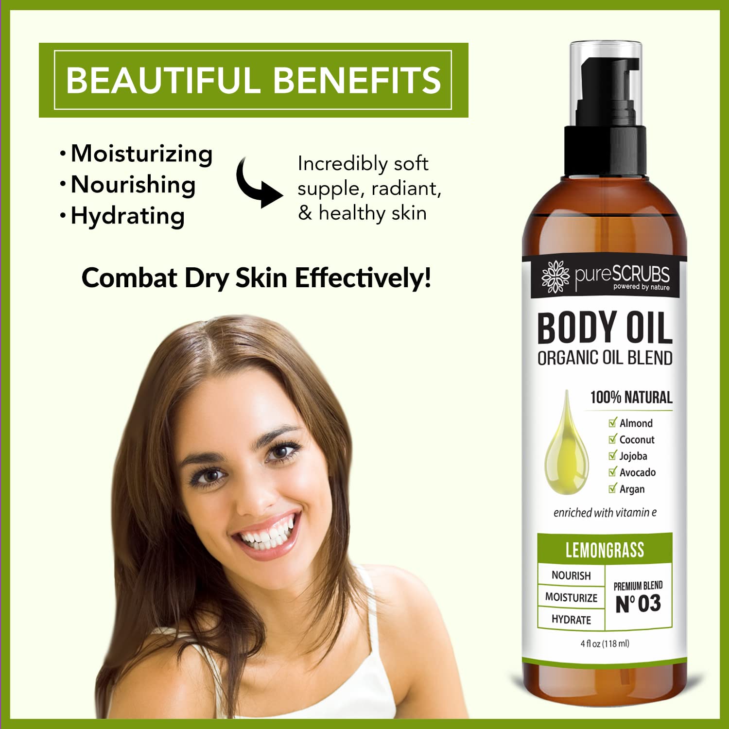 pureSCRUBS Ultra Moisturizing Lemongrass Body Oil Spray for Dry Skin, Massage, & More, Organic Super Blend of Jojoba, Argan, Coconut, Sweet Almond & Avocado Oils Enriched with Vitamin E, Lg 4oz-Velvo Beauty