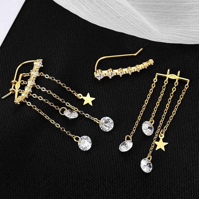 Boho Star Ear Jacket Earrings Gold Cz Star Ear Climber Earrings Crystal Chain Tassel Earrings Crystal Ear Crawler Long Chain Earrings Jewelry for Women and Girls Gifts-Velvo Beauty