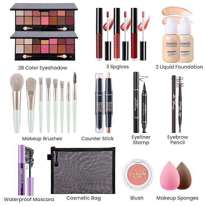 Makeup Present Set for Teen Girl Women, Travel Makeup Kit, Makeup Full Kit for Beginner, Makeup Bundle Include 2 Matte & Shimmer Eyeshadow Palettes, Liquid Glitter Eyeshadow & Eyeliner-Velvo Beauty