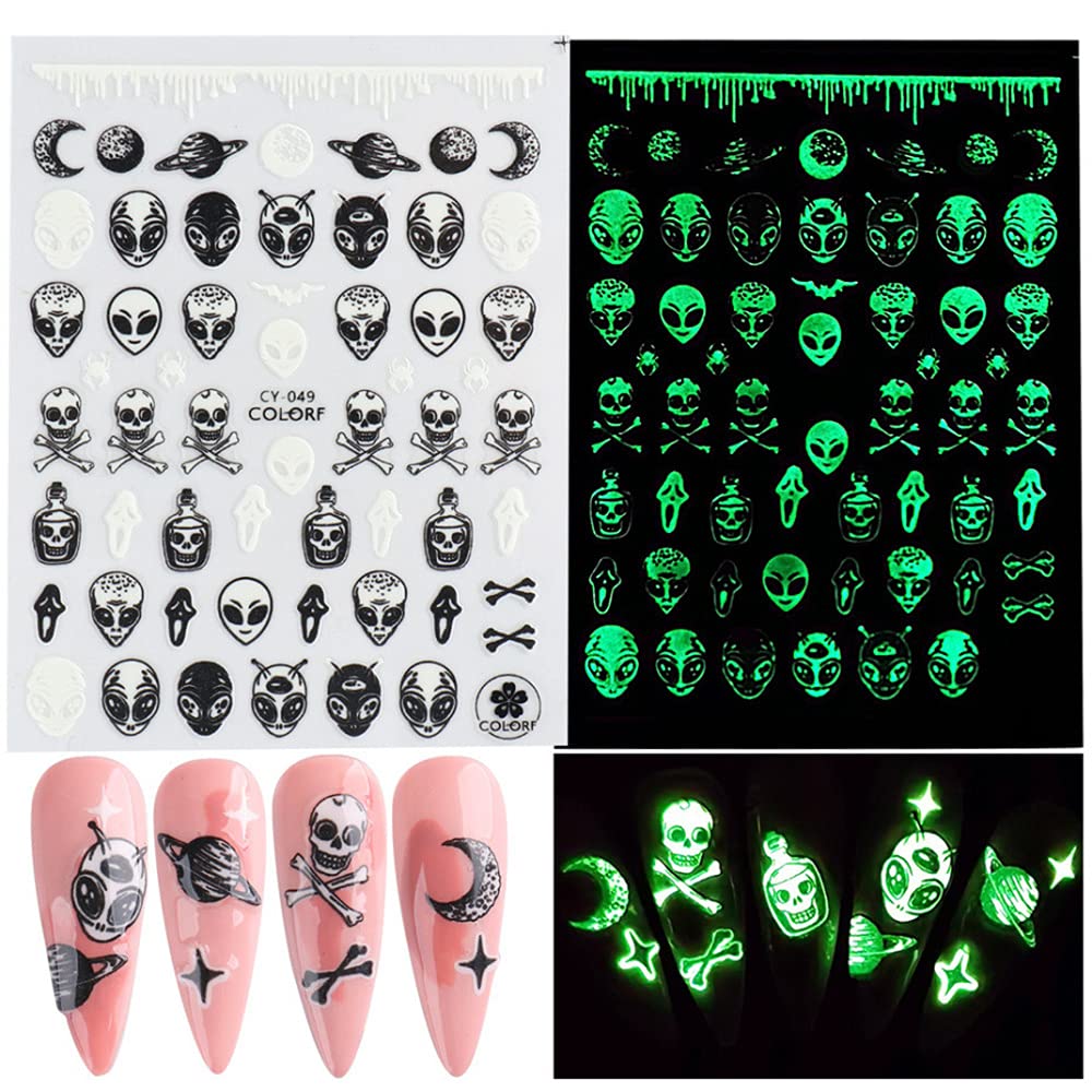 Luminous Nail Stickers - 3D Halloween Nail Art Designs - Skull, Ghost, Pumpkin, Spider, Bat Decals - Self-Adhesive, 6 Sheets-Velvo Beauty