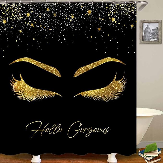 4PCS Unicorn Eyelash Shower Curtain Set, Luxury Gold Glitter Eyebrow Makeup Confetti Hello Gorgeous Glam Modern Fashion Black Women Bathroom Decor, Non-slip Bath Mat Toilet Rug, Gold Eyelash-Velvo Beauty